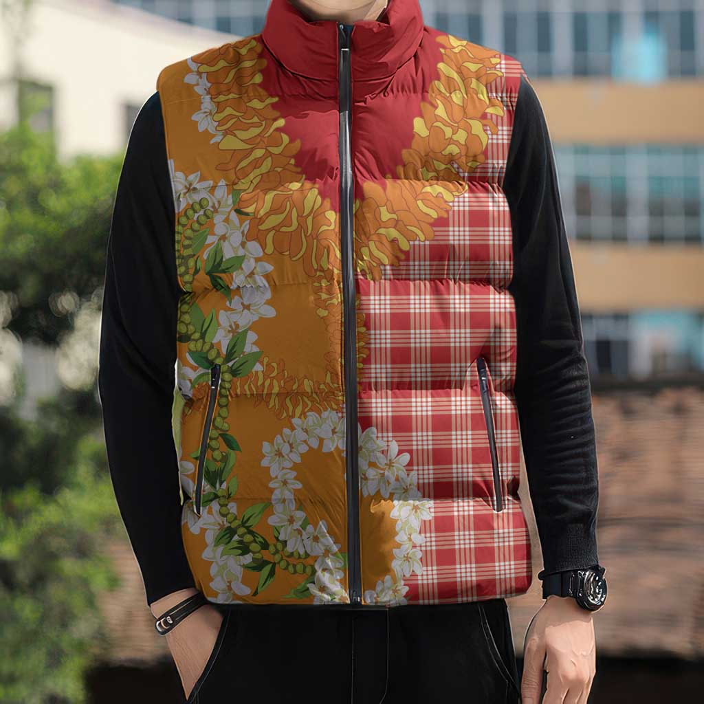 Prince Kuhio Aloha Hawaii Sleeveless Puffer Jacket Plumeria Ilima Lei Palaka Motifs