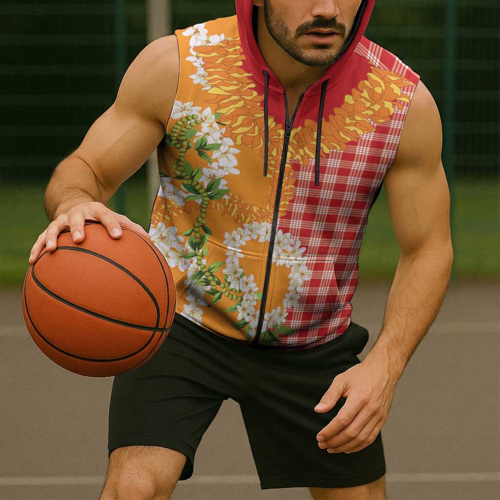 Prince Kuhio Aloha Hawaii Sleeveless Zip Hoodie Plumeria Ilima Lei Palaka Motifs