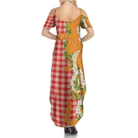 Prince Kuhio Aloha Hawaii Summer Maxi Dress Plumeria Ilima Lei Palaka Motifs