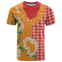 Prince Kuhio Aloha Hawaii T Shirt Plumeria Ilima Lei Palaka Motifs