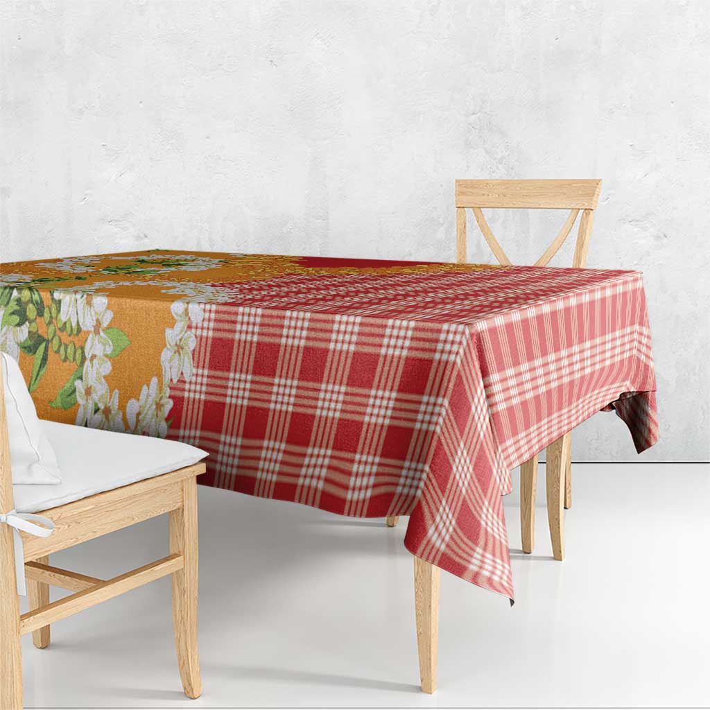 Prince Kuhio Aloha Hawaii Tablecloth Plumeria Ilima Lei Palaka Motifs