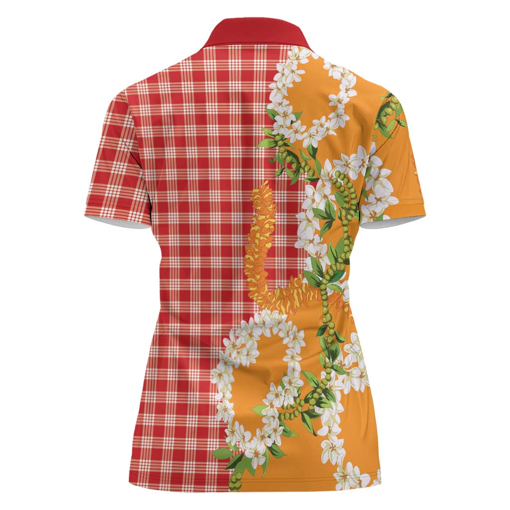 Prince Kuhio Aloha Hawaii Women Polo Shirt Plumeria Ilima Lei Palaka Motifs