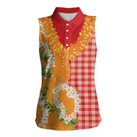 Prince Kuhio Aloha Hawaii Women Sleeveless Polo Shirt Plumeria Ilima Lei Palaka Motifs LT14 Female Red - Polynesian Pride