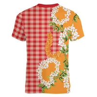Prince Kuhio Aloha Hawaii Women V-Neck T-Shirt Plumeria Ilima Lei Palaka Motifs LT14 - Polynesian Pride