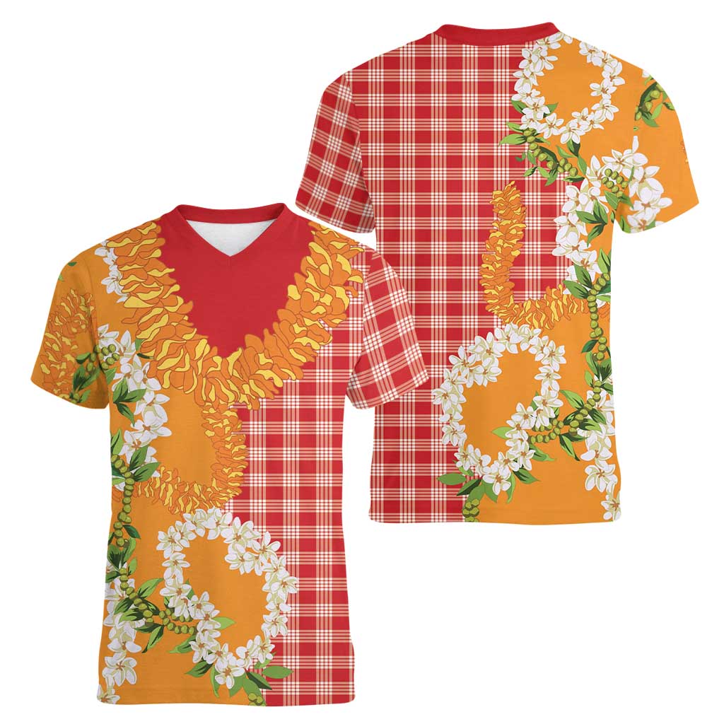 Prince Kuhio Aloha Hawaii Women V-Neck T-Shirt Plumeria Ilima Lei Palaka Motifs LT14 - Polynesian Pride