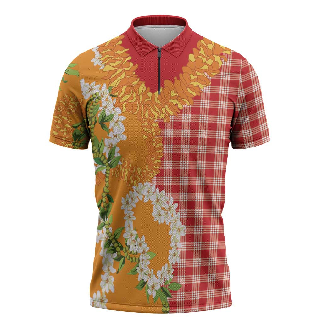 Prince Kuhio Aloha Hawaii Zipper Polo Shirt Plumeria Ilima Lei Palaka Motifs