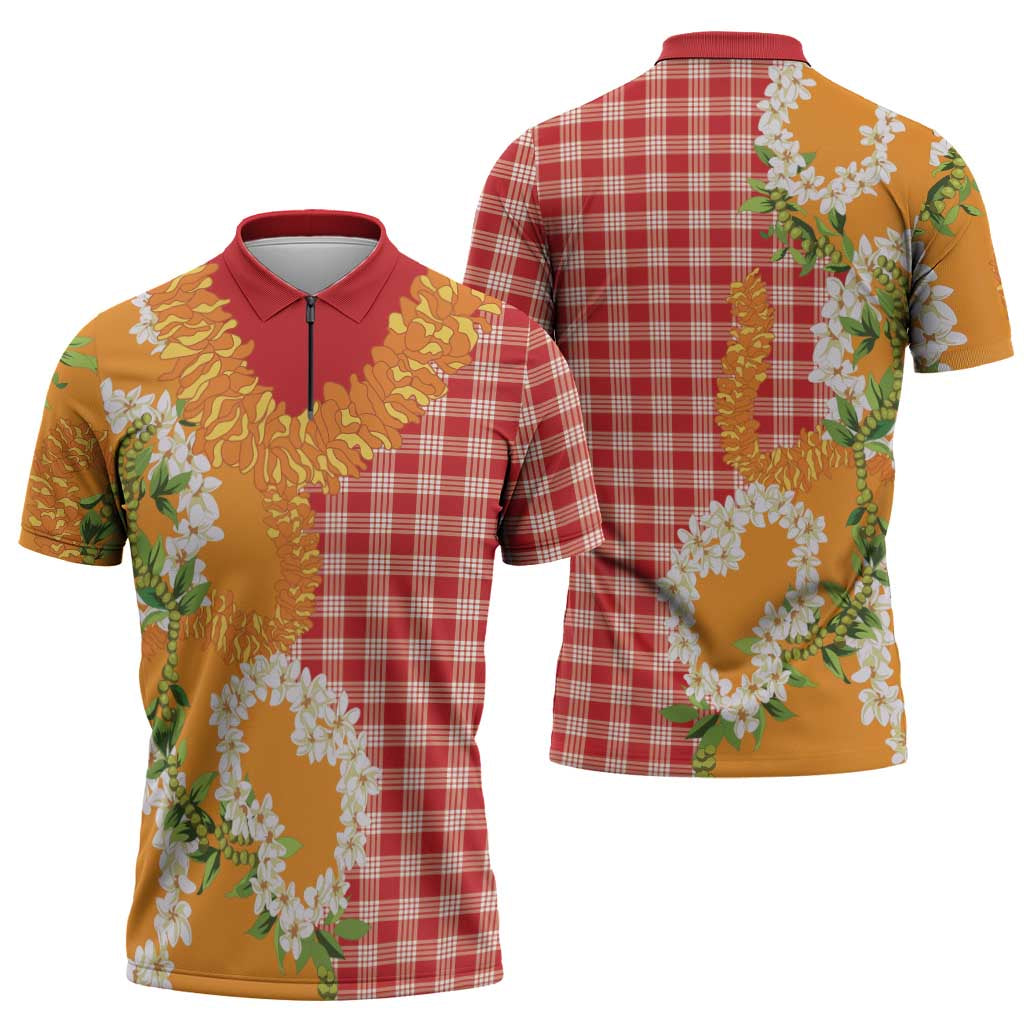 Prince Kuhio Aloha Hawaii Zipper Polo Shirt Plumeria Ilima Lei Palaka Motifs