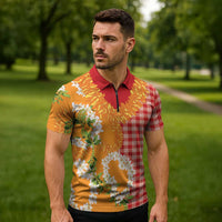 Prince Kuhio Aloha Hawaii Zipper Polo Shirt Plumeria Ilima Lei Palaka Motifs
