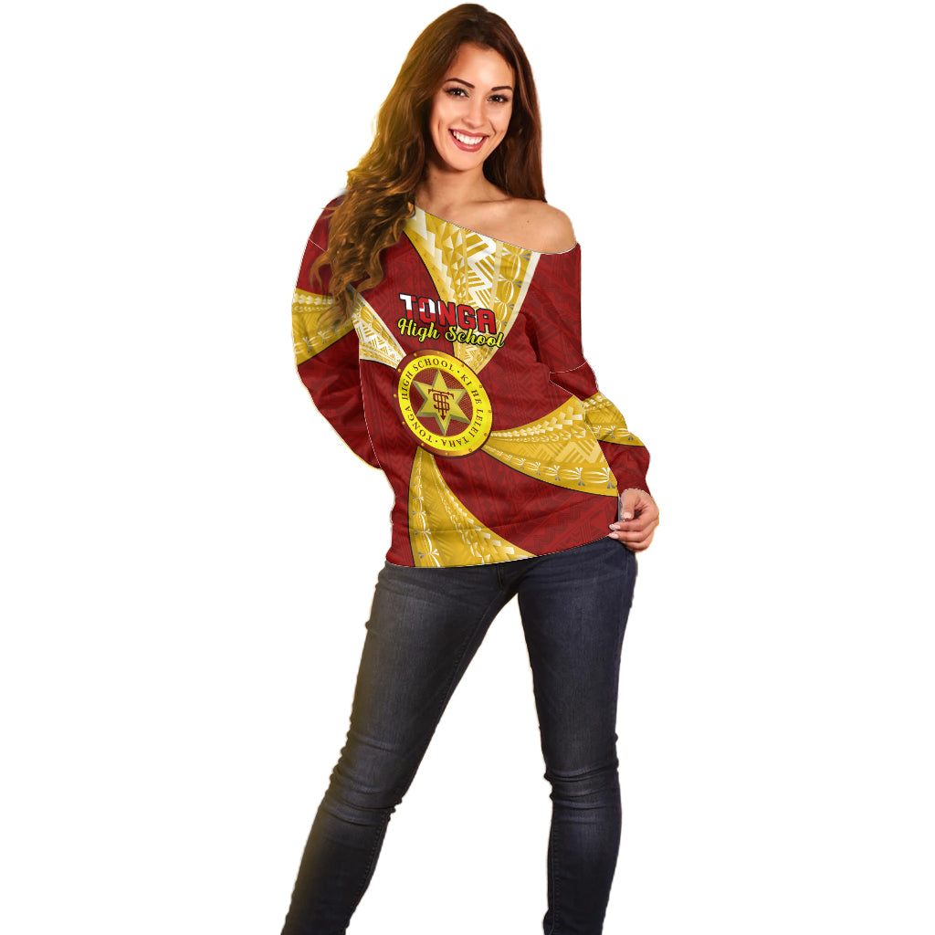 Personalised Tonga High School Off Shoulder Sweater Tongan Ngatu Pattern LT14 - Polynesian Pride