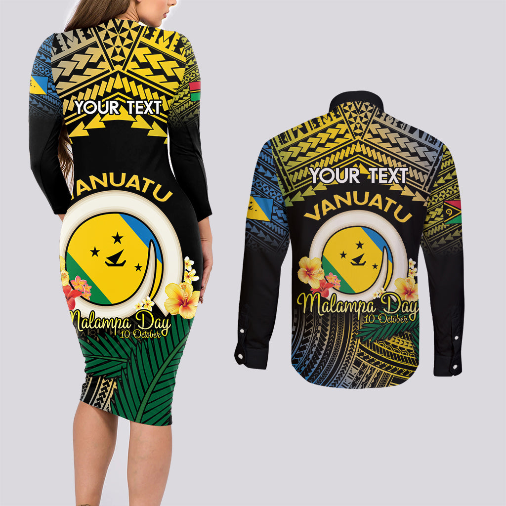 Personalised Malampa Day Couples Matching Long Sleeve Bodycon Dress and Long Sleeve Button Shirt Vanuatu Provinces Polynesian Pattern