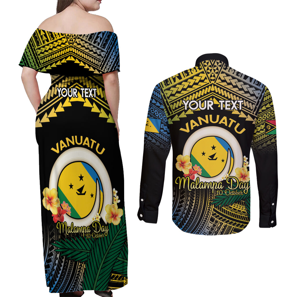 Personalised Malampa Day Couples Matching Off Shoulder Maxi Dress and Long Sleeve Button Shirt Vanuatu Provinces Polynesian Pattern