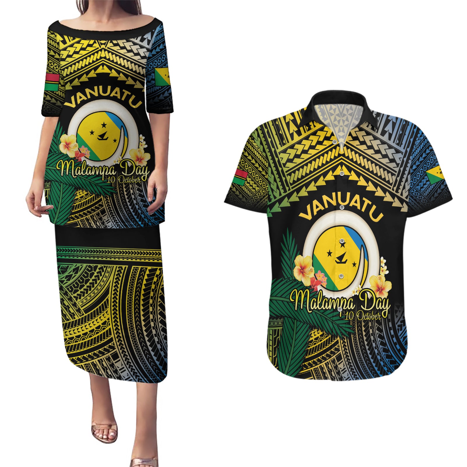 Personalised Malampa Day Couples Matching Puletasi and Hawaiian Shirt Vanuatu Provinces Polynesian Pattern