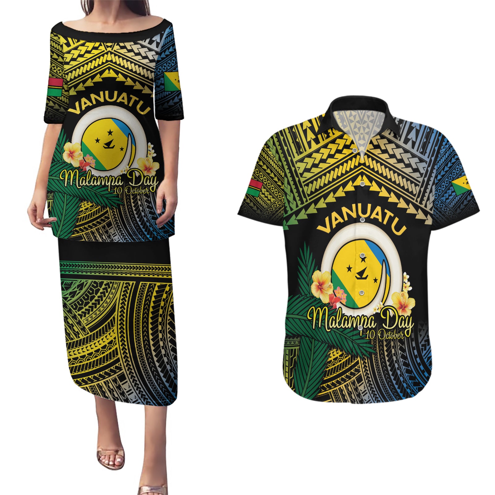 Personalised Malampa Day Couples Matching Puletasi and Hawaiian Shirt Vanuatu Provinces Polynesian Pattern