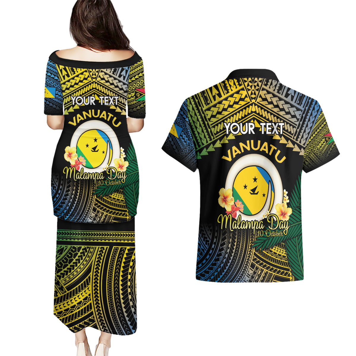 Personalised Malampa Day Couples Matching Puletasi and Hawaiian Shirt Vanuatu Provinces Polynesian Pattern