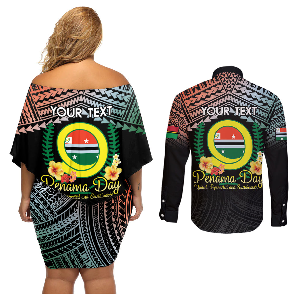 Personalised Penama Day Couples Matching Off Shoulder Short Dress and Long Sleeve Button Shirt Vanuatu Provinces Polynesian Pattern