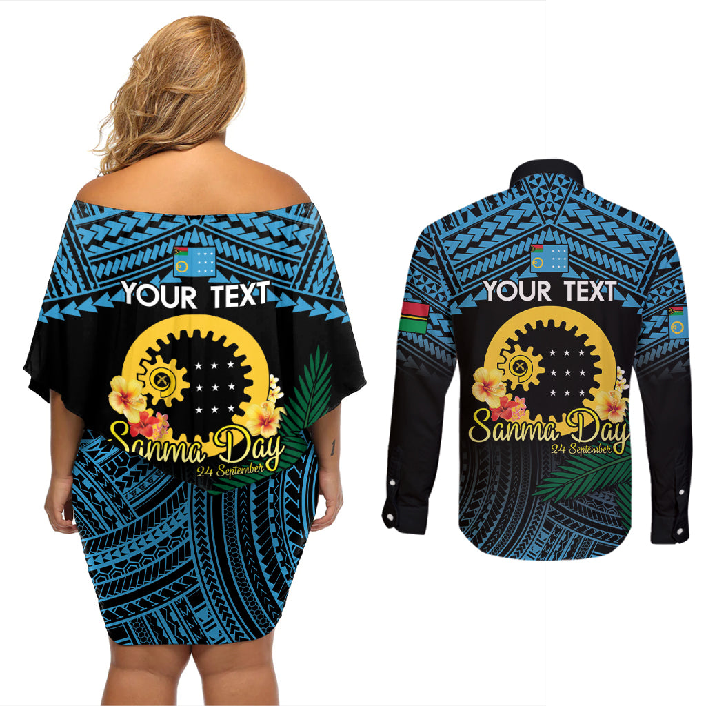 Personalised Sanma Day Couples Matching Off Shoulder Short Dress and Long Sleeve Button Shirt Vanuatu Provinces Polynesian Pattern
