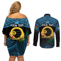 Personalised Sanma Day Couples Matching Off Shoulder Short Dress and Long Sleeve Button Shirt Vanuatu Provinces Polynesian Pattern