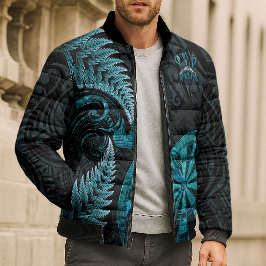 Personalised New Zealand Darts Bomber Puffer Jacket Happiness Is A Tight Threesome Maori Paua Shell - Polynesian Pride