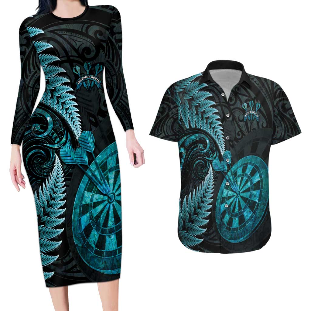 Personalised New Zealand Darts Couples Matching Long Sleeve Bodycon Dress and Hawaiian Shirt Happiness Is A Tight Threesome Maori Paua Shell LT14 Turquoise - Polynesian Pride