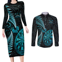Personalised New Zealand Darts Couples Matching Long Sleeve Bodycon Dress and Long Sleeve Button Shirt Happiness Is A Tight Threesome Maori Paua Shell LT14 Turquoise - Polynesian Pride