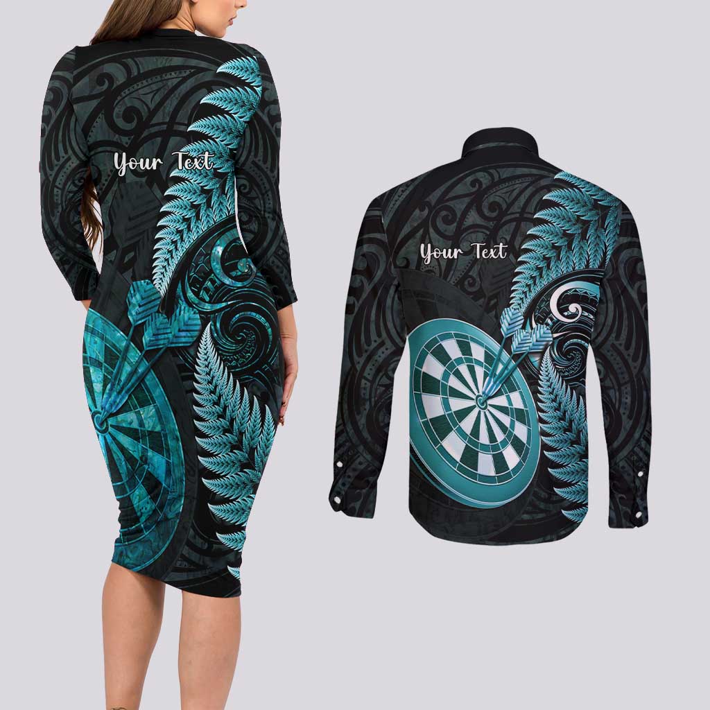 Personalised New Zealand Darts Couples Matching Long Sleeve Bodycon Dress and Long Sleeve Button Shirt Happiness Is A Tight Threesome Maori Paua Shell LT14 - Polynesian Pride