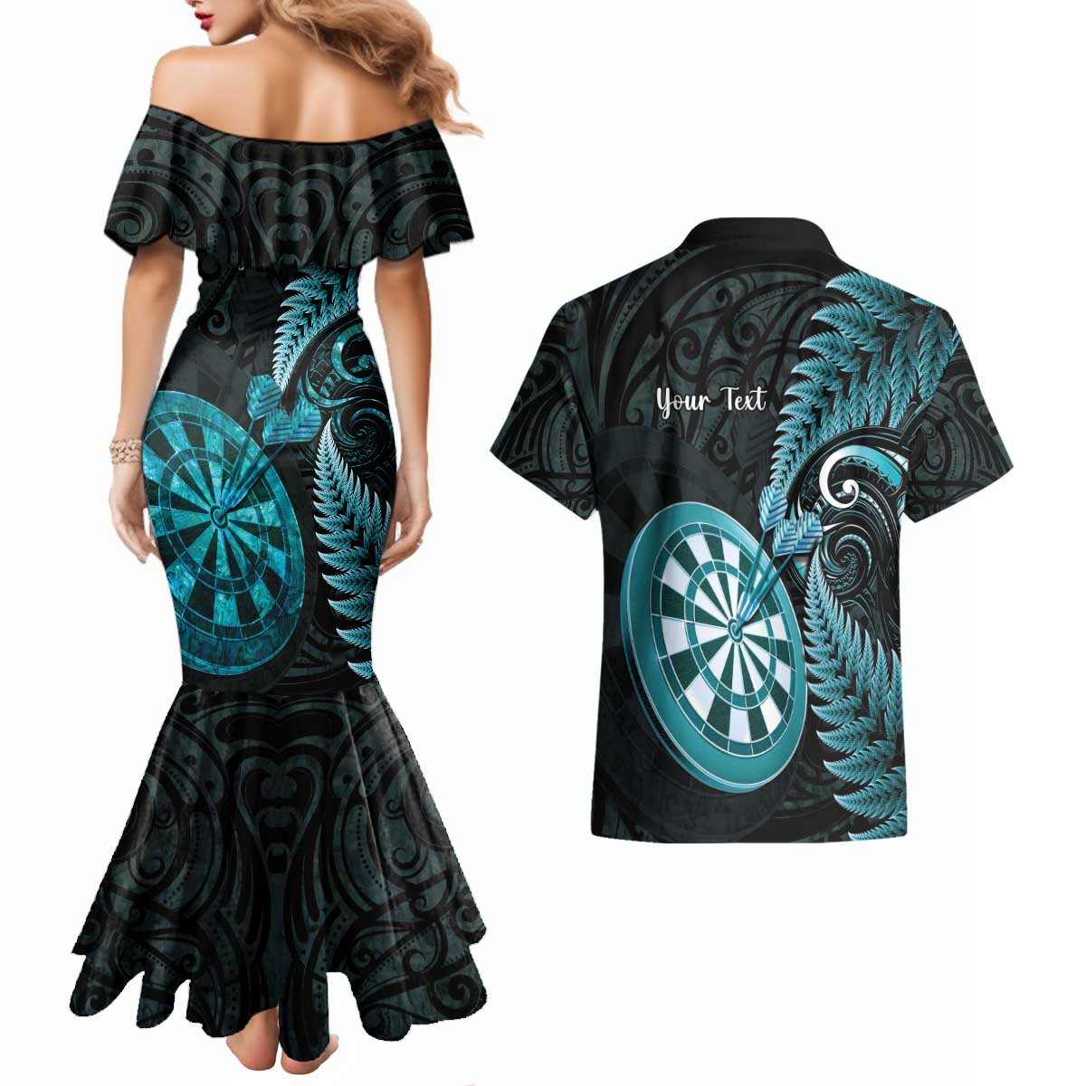 Personalised New Zealand Darts Couples Matching Mermaid Dress and Hawaiian Shirt Happiness Is A Tight Threesome Maori Paua Shell LT14 - Polynesian Pride