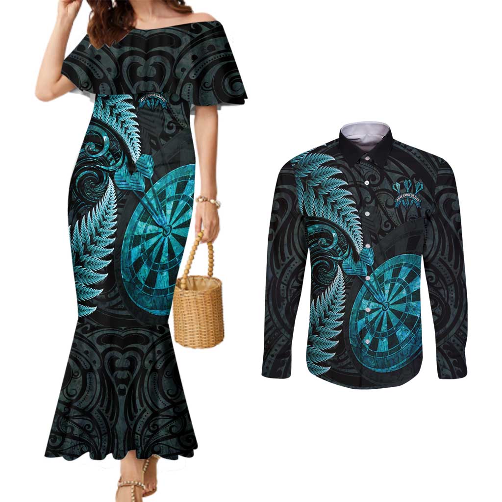 Personalised New Zealand Darts Couples Matching Mermaid Dress and Long Sleeve Button Shirt Happiness Is A Tight Threesome Maori Paua Shell LT14 Turquoise - Polynesian Pride
