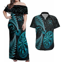 Personalised New Zealand Darts Couples Matching Off Shoulder Maxi Dress and Hawaiian Shirt Happiness Is A Tight Threesome Maori Paua Shell LT14 Turquoise - Polynesian Pride