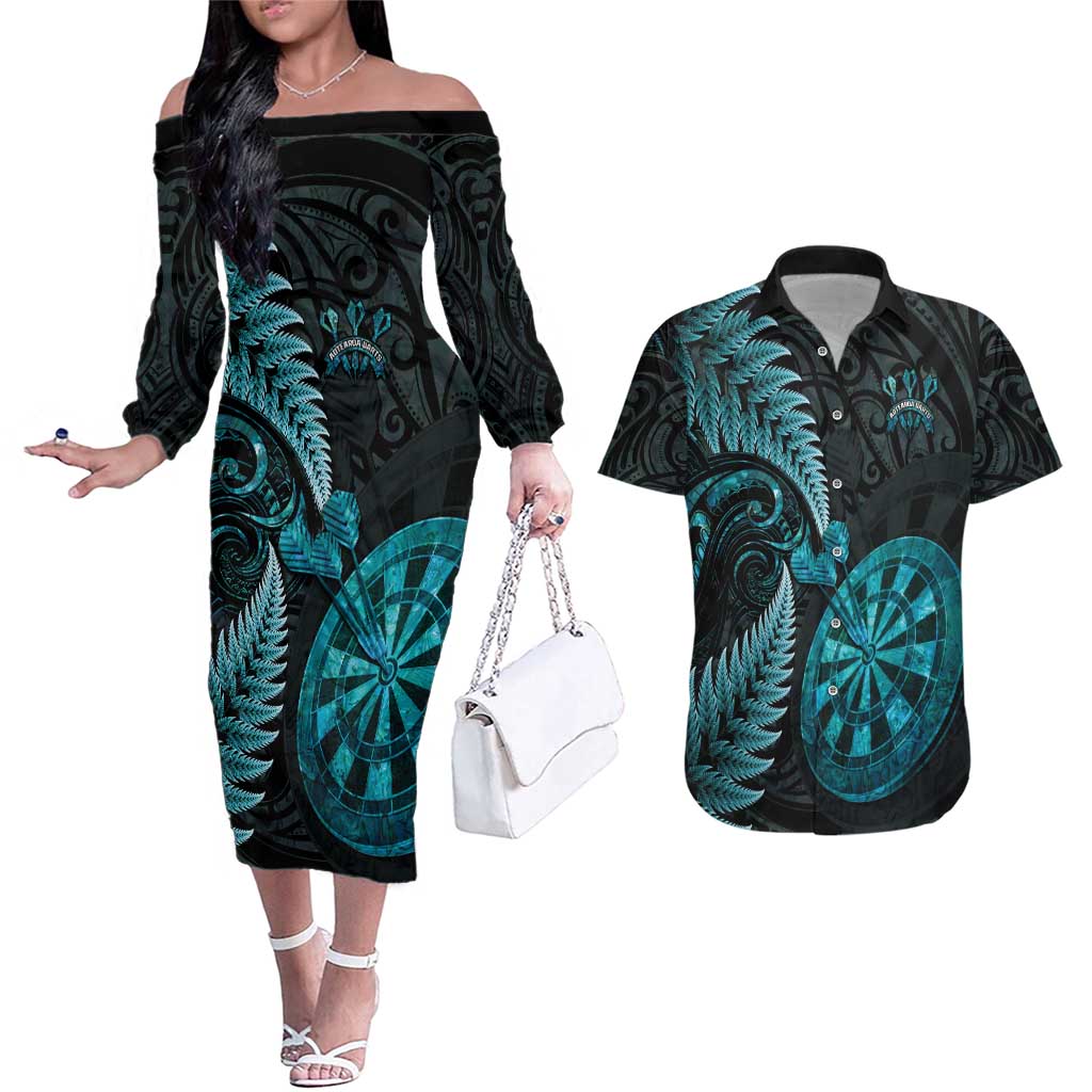 Personalised New Zealand Darts Couples Matching Off The Shoulder Long Sleeve Dress and Hawaiian Shirt Happiness Is A Tight Threesome Maori Paua Shell LT14 Turquoise - Polynesian Pride