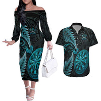 Personalised New Zealand Darts Couples Matching Off The Shoulder Long Sleeve Dress and Hawaiian Shirt Happiness Is A Tight Threesome Maori Paua Shell LT14 Turquoise - Polynesian Pride