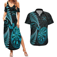 Personalised New Zealand Darts Couples Matching Summer Maxi Dress and Hawaiian Shirt Happiness Is A Tight Threesome Maori Paua Shell LT14 Turquoise - Polynesian Pride