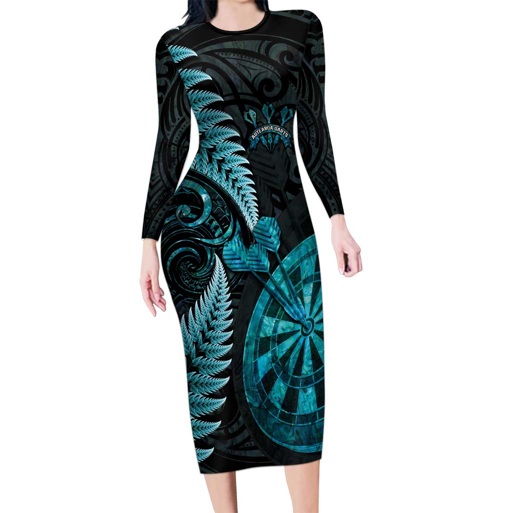 Personalised New Zealand Darts Family Matching Long Sleeve Bodycon Dress and Hawaiian Shirt Happiness Is A Tight Threesome Maori Paua Shell LT14 Mom's Dress Turquoise - Polynesian Pride