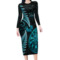 Personalised New Zealand Darts Family Matching Long Sleeve Bodycon Dress and Hawaiian Shirt Happiness Is A Tight Threesome Maori Paua Shell LT14 Mom's Dress Turquoise - Polynesian Pride