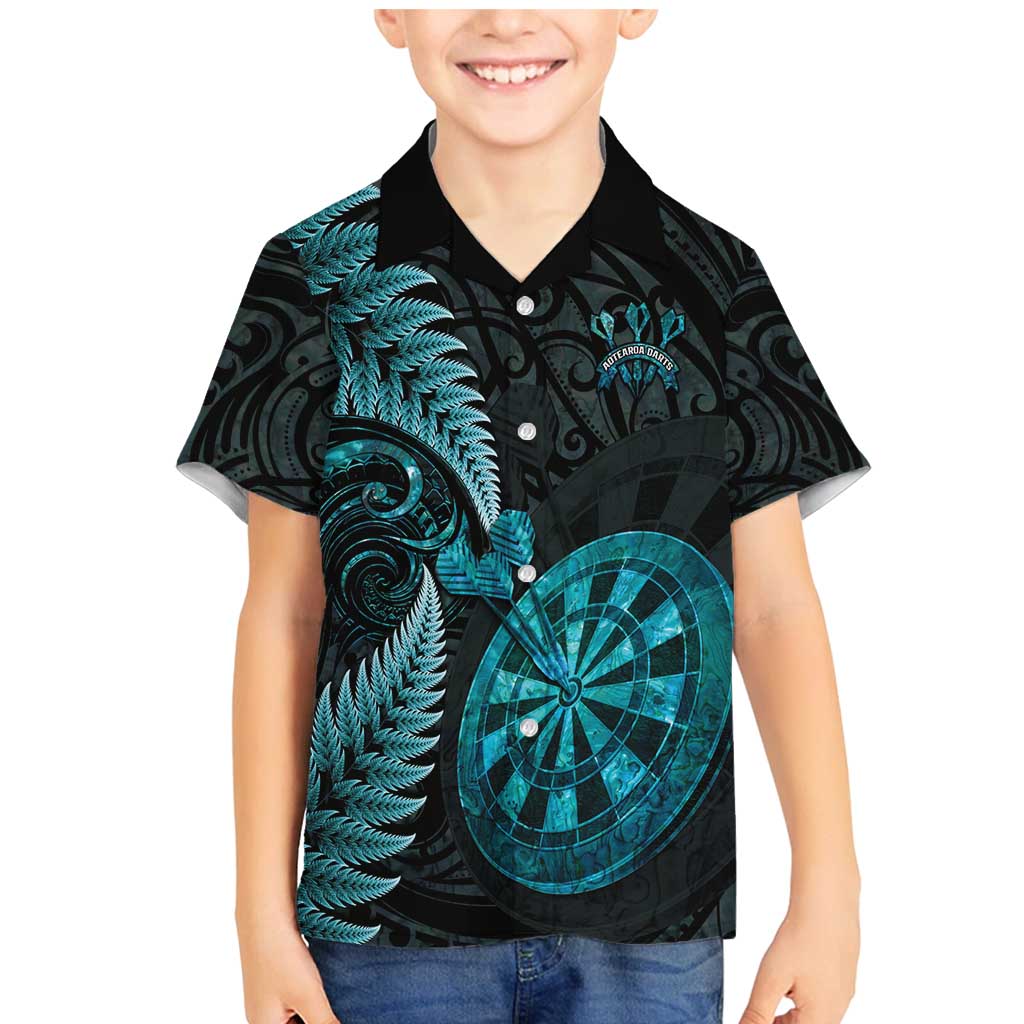 Personalised New Zealand Darts Family Matching Mermaid Dress and Hawaiian Shirt Happiness Is A Tight Threesome Maori Paua Shell LT14 Son's Shirt Turquoise - Polynesian Pride