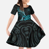 Personalised New Zealand Darts Family Matching Off The Shoulder Long Sleeve Dress and Hawaiian Shirt Happiness Is A Tight Threesome Maori Paua Shell LT14 Daughter's Dress Turquoise - Polynesian Pride