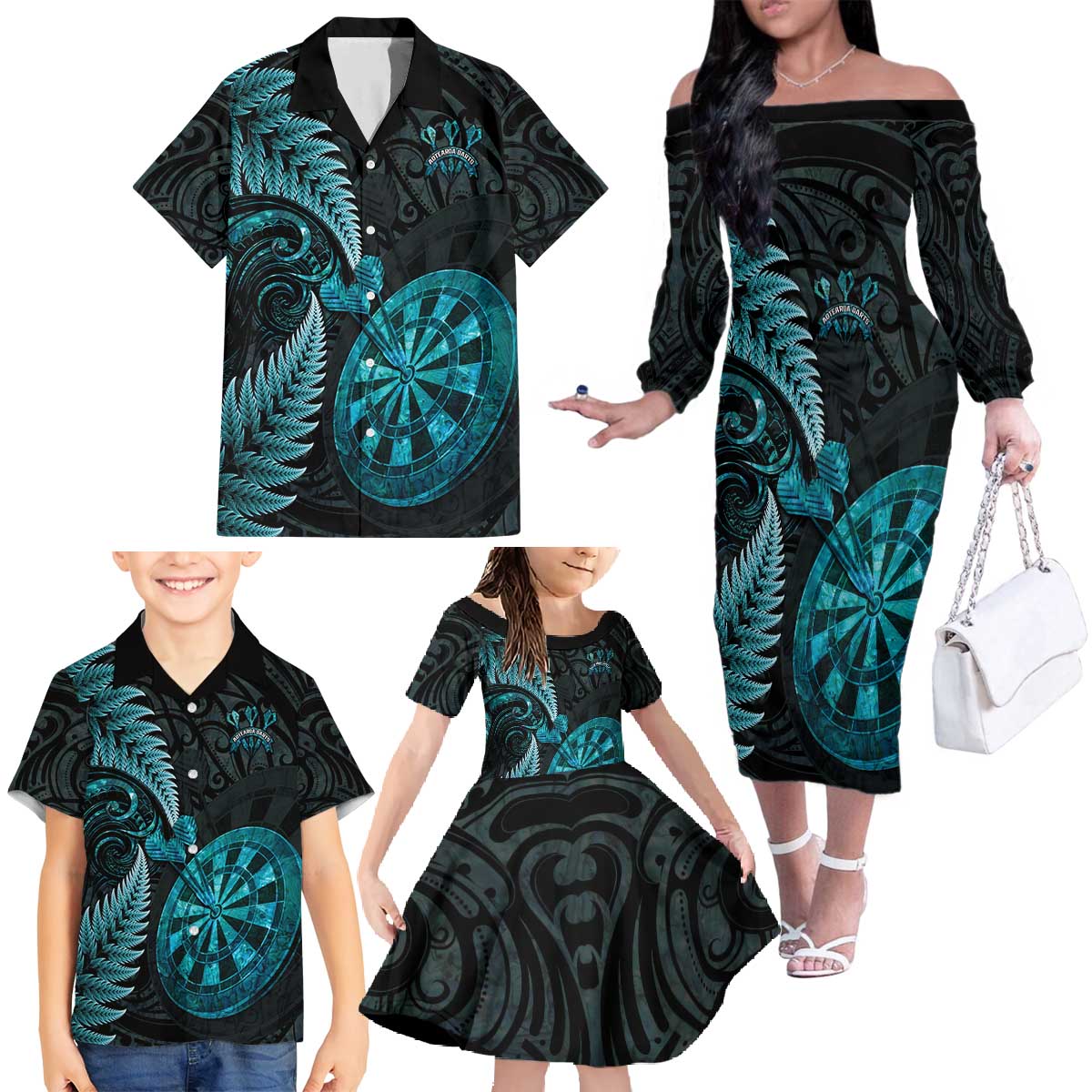 Personalised New Zealand Darts Family Matching Off The Shoulder Long Sleeve Dress and Hawaiian Shirt Happiness Is A Tight Threesome Maori Paua Shell LT14 - Polynesian Pride