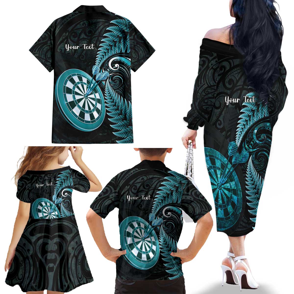 Personalised New Zealand Darts Family Matching Off The Shoulder Long Sleeve Dress and Hawaiian Shirt Happiness Is A Tight Threesome Maori Paua Shell LT14 - Polynesian Pride