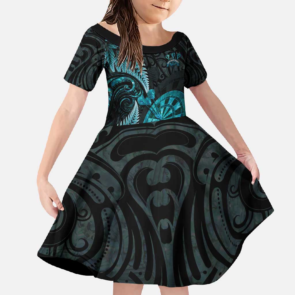 Personalised New Zealand Darts Family Matching Off Shoulder Maxi Dress and Hawaiian Shirt Happiness Is A Tight Threesome Maori Paua Shell LT14 Daughter's Dress Turquoise - Polynesian Pride