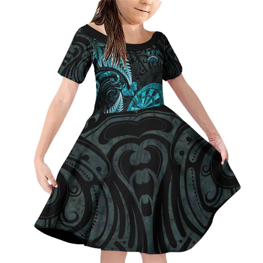 Personalised New Zealand Darts Family Matching Off Shoulder Short Dress and Hawaiian Shirt Happiness Is A Tight Threesome Maori Paua Shell LT14 Daughter's Dress Turquoise - Polynesian Pride