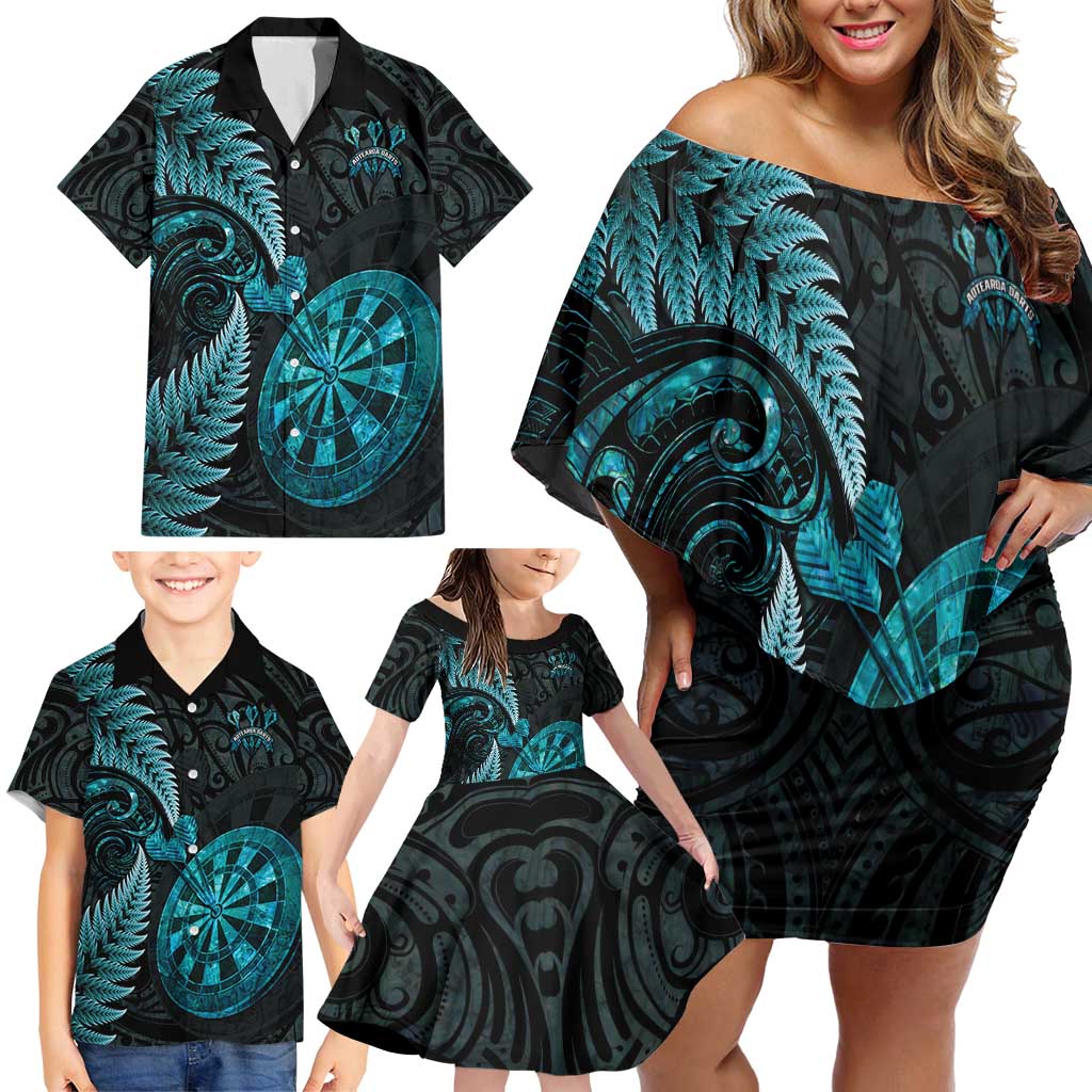 Personalised New Zealand Darts Family Matching Off Shoulder Short Dress and Hawaiian Shirt Happiness Is A Tight Threesome Maori Paua Shell LT14 - Polynesian Pride
