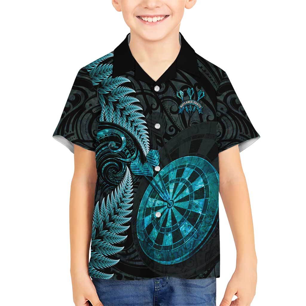 Personalised New Zealand Darts Family Matching Short Sleeve Bodycon Dress and Hawaiian Shirt Happiness Is A Tight Threesome Maori Paua Shell LT14 Son's Shirt Turquoise - Polynesian Pride