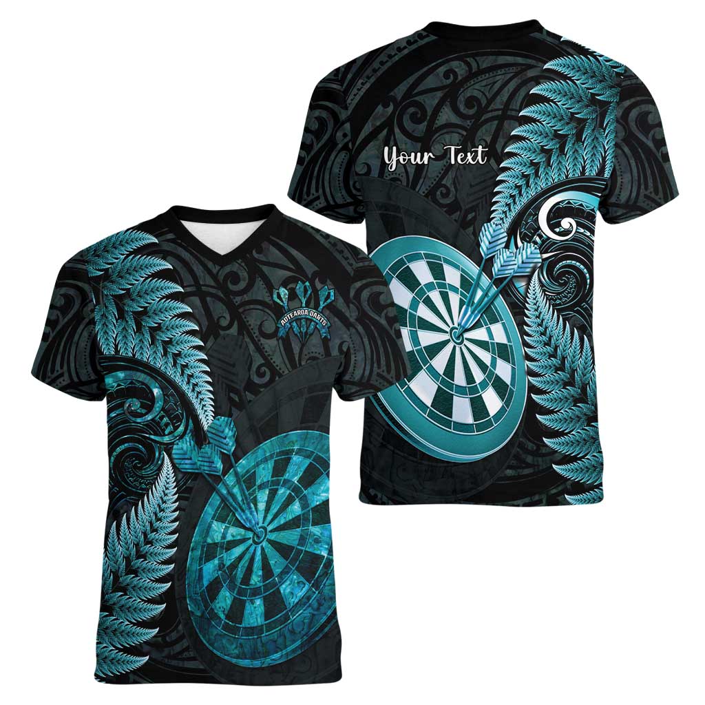 Personalised New Zealand Darts Women V-Neck T-Shirt Happiness Is A Tight Threesome Maori Paua Shell