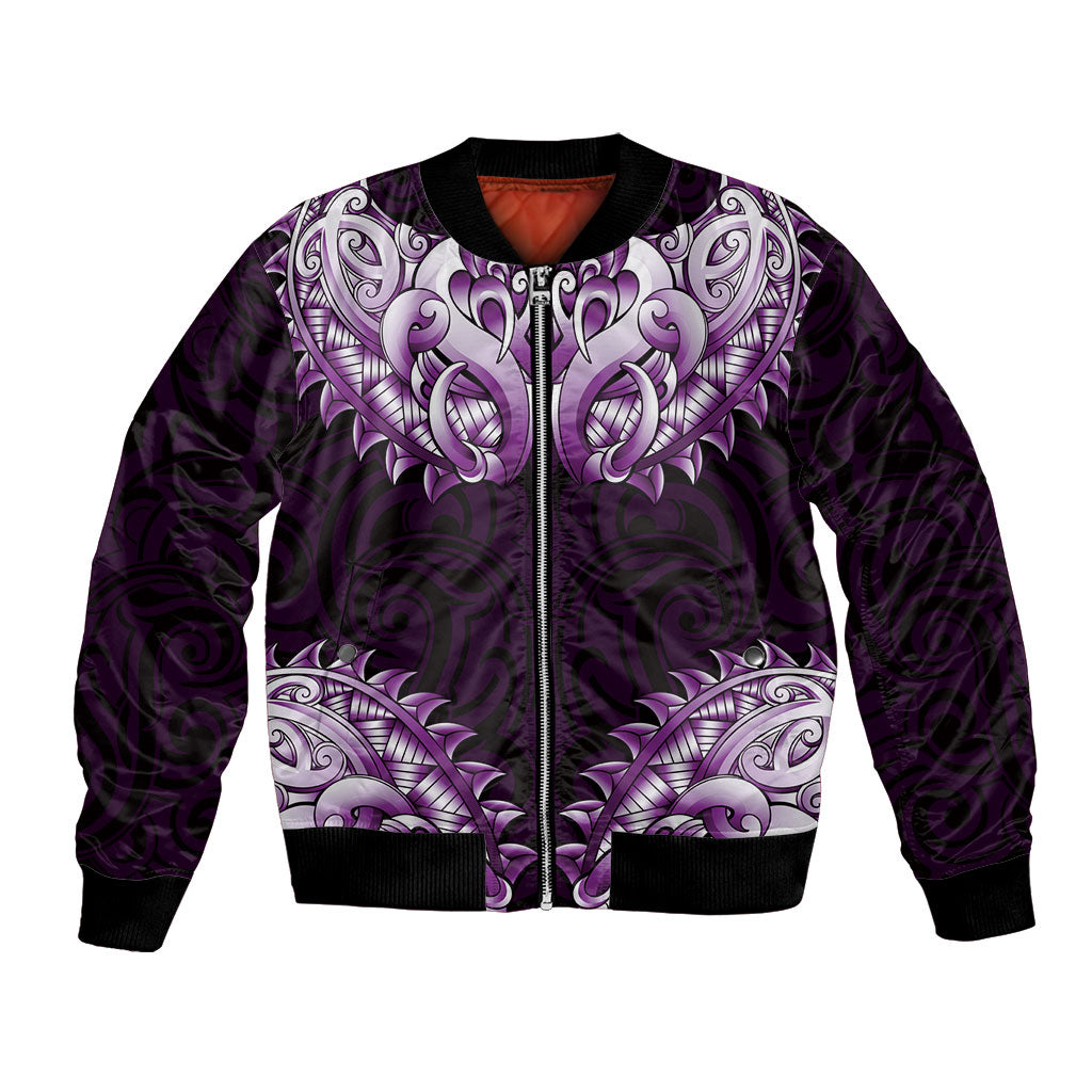 New Zealand Ta Moko Bomber Jacket Aotearoa Maori Chest Tattoo Purple LT14 Unisex Purple - Polynesian Pride