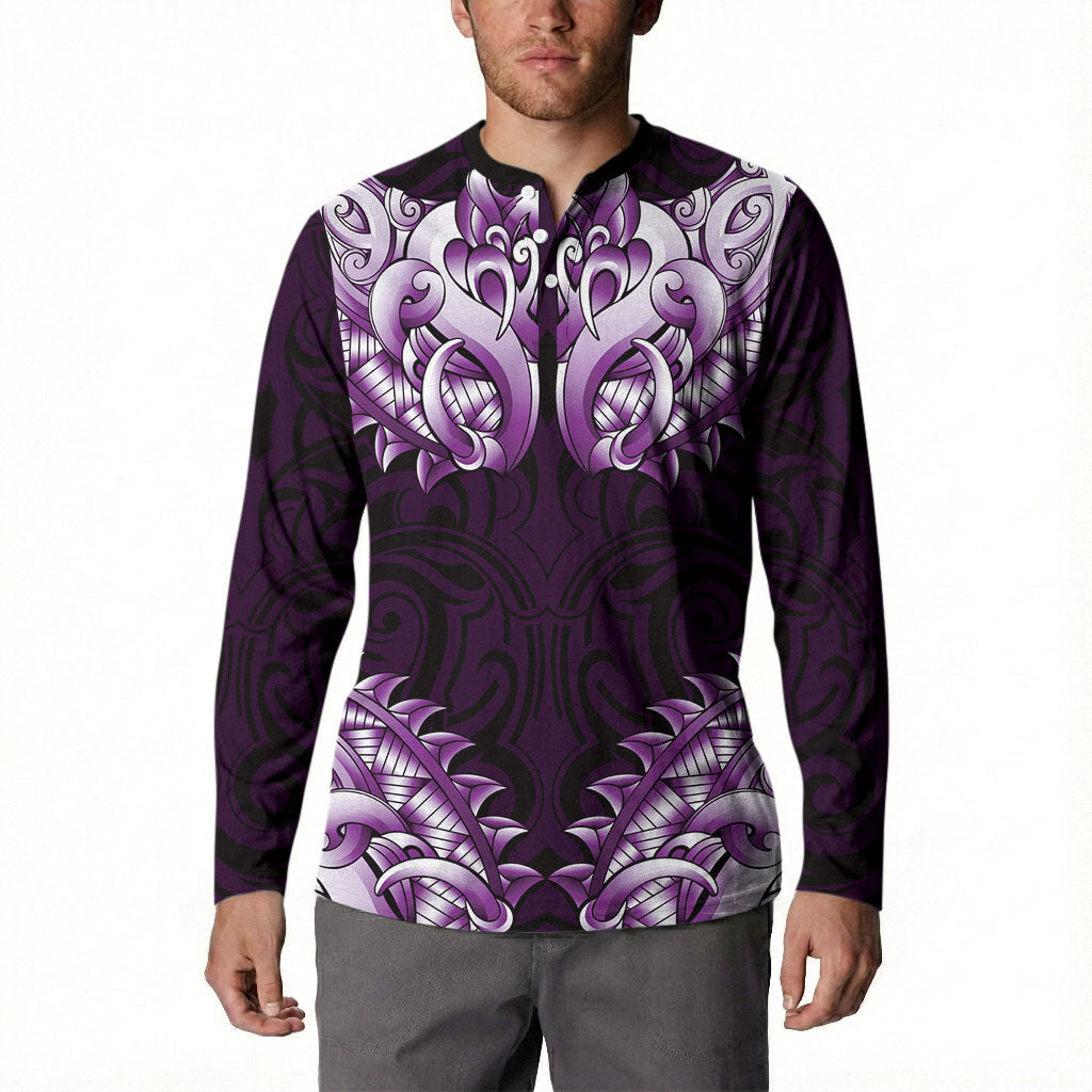 New Zealand Ta Moko Button Sweatshirt Aotearoa Maori Chest Tattoo Purple