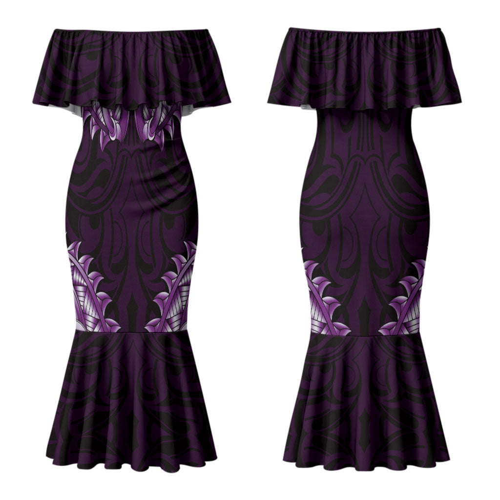 New Zealand Ta Moko Couples Matching Mermaid Dress and Hawaiian Shirt Aotearoa Maori Chest Tattoo Purple