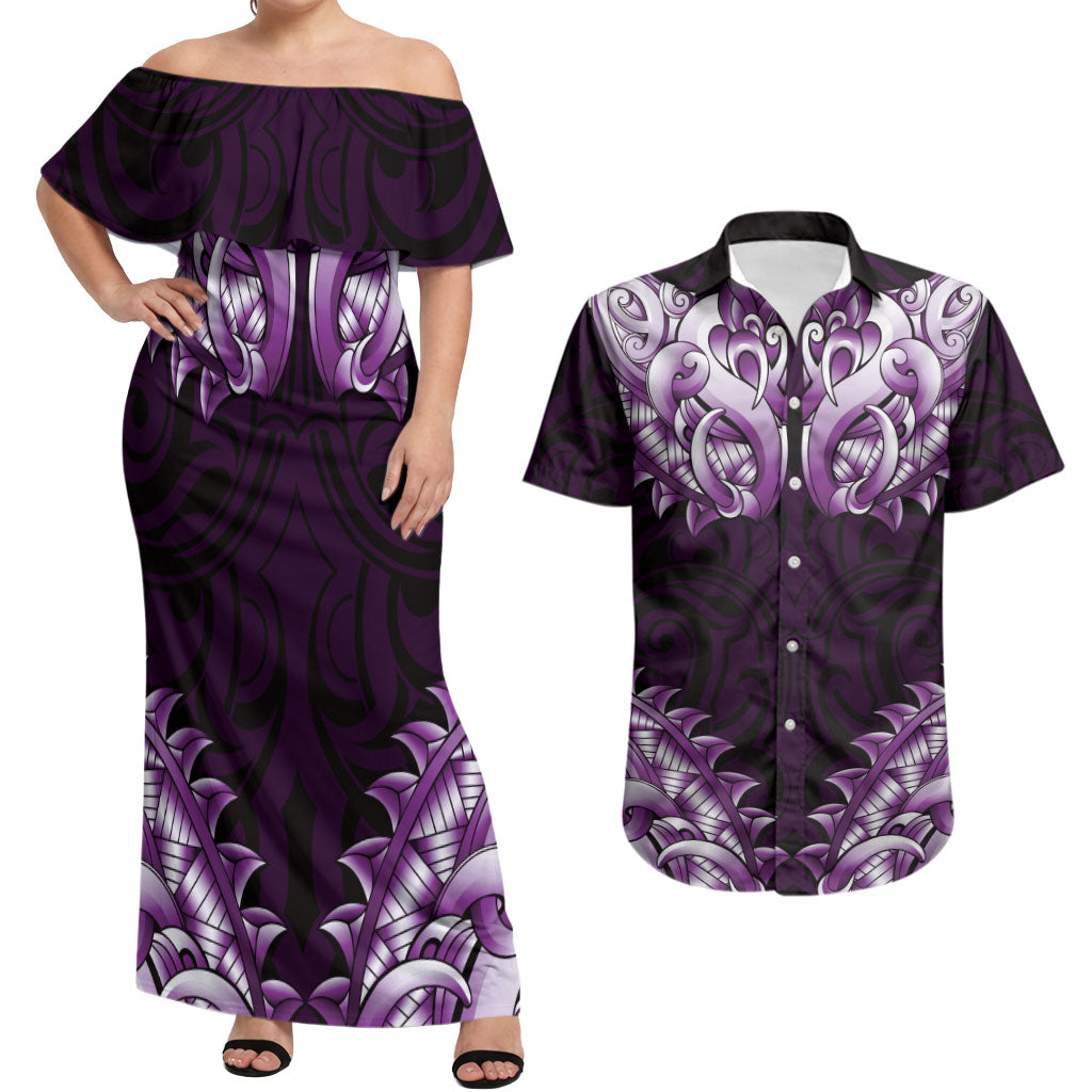 New Zealand Ta Moko Couples Matching Off Shoulder Maxi Dress and Hawaiian Shirt Aotearoa Maori Chest Tattoo Purple LT14 Purple - Polynesian Pride