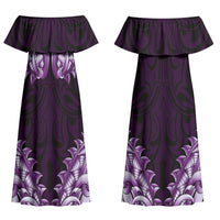 New Zealand Ta Moko Couples Matching Off Shoulder Maxi Dress and Hawaiian Shirt Aotearoa Maori Chest Tattoo Purple
