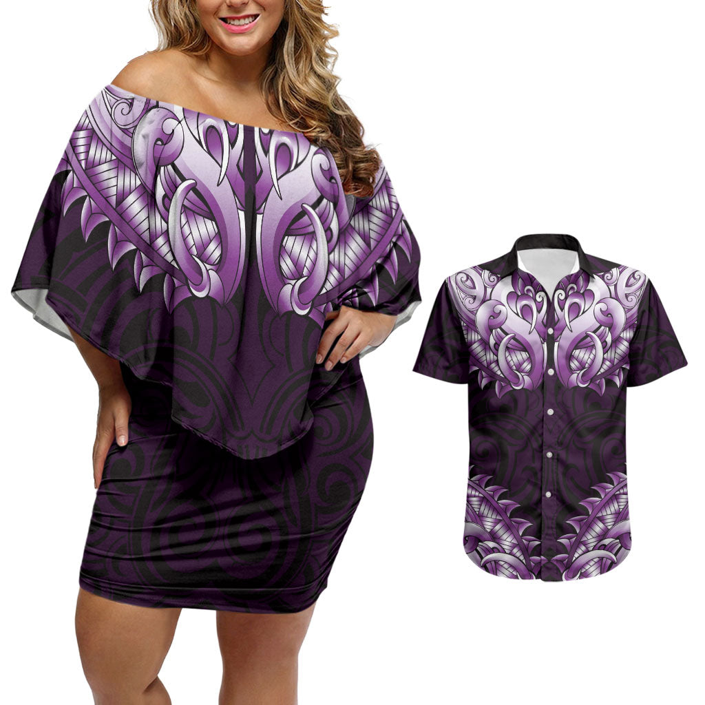 New Zealand Ta Moko Couples Matching Off Shoulder Short Dress and Hawaiian Shirt Aotearoa Maori Chest Tattoo Purple LT14 Purple - Polynesian Pride
