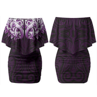 New Zealand Ta Moko Couples Matching Off Shoulder Short Dress and Long Sleeve Button Shirt Aotearoa Maori Chest Tattoo Purple