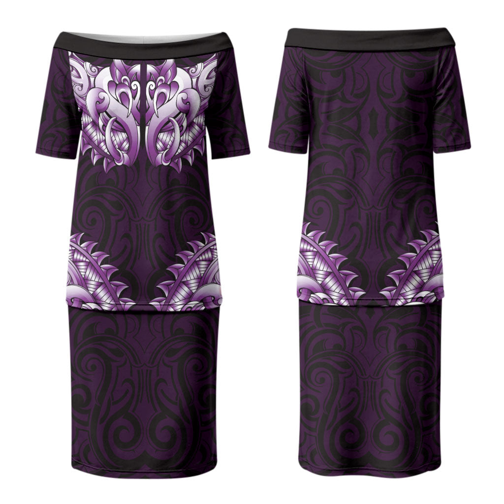 New Zealand Ta Moko Couples Matching Puletasi and Hawaiian Shirt Aotearoa Maori Chest Tattoo Purple